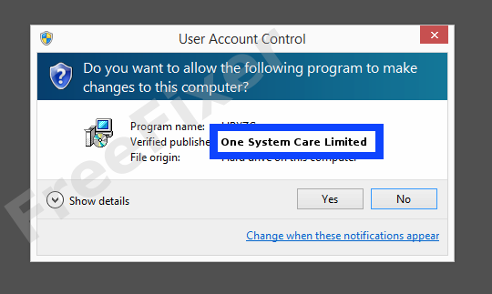 Screenshot where One System Care Limited appears as the verified publisher in the UAC dialog